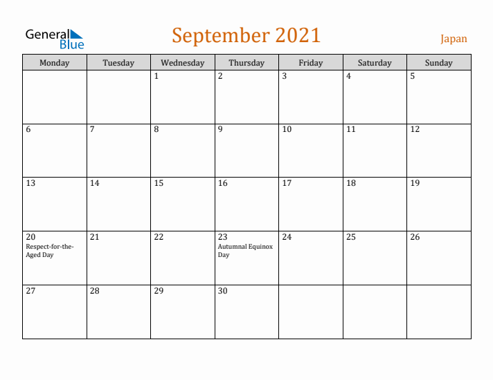 September 2021 Holiday Calendar with Monday Start