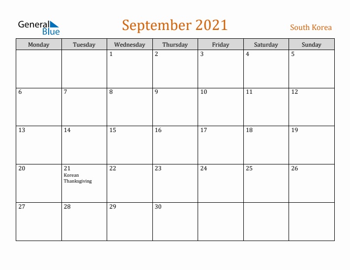 September 2021 Holiday Calendar with Monday Start