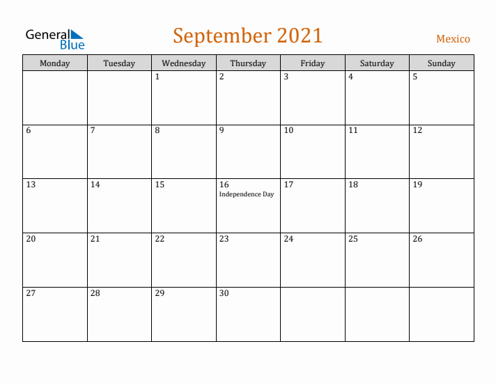 September 2021 Holiday Calendar with Monday Start