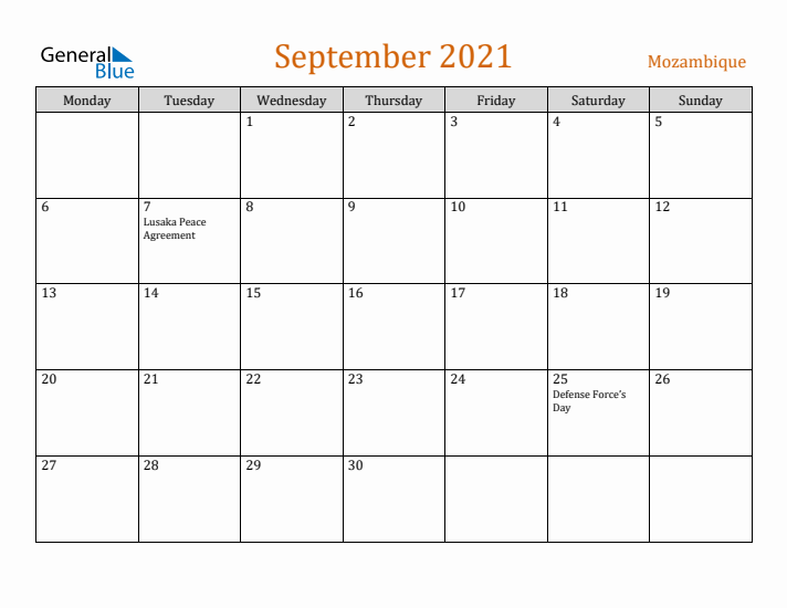 September 2021 Holiday Calendar with Monday Start