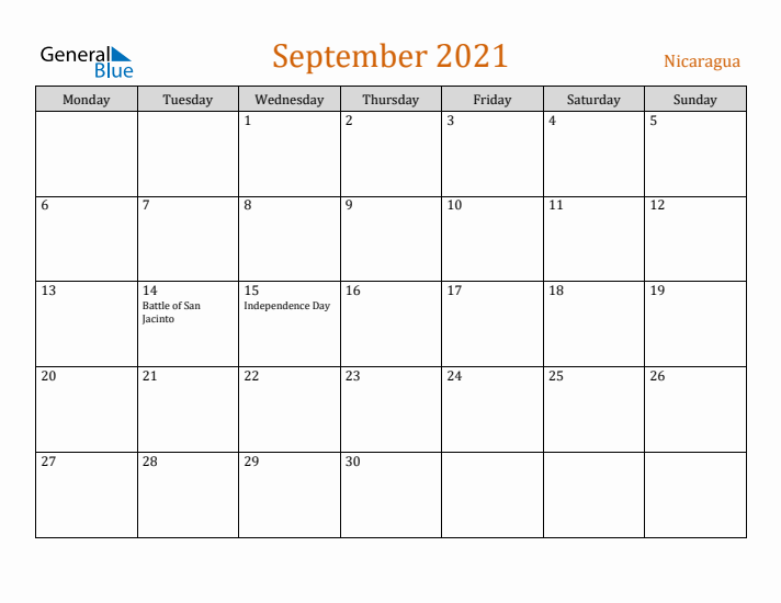 September 2021 Holiday Calendar with Monday Start