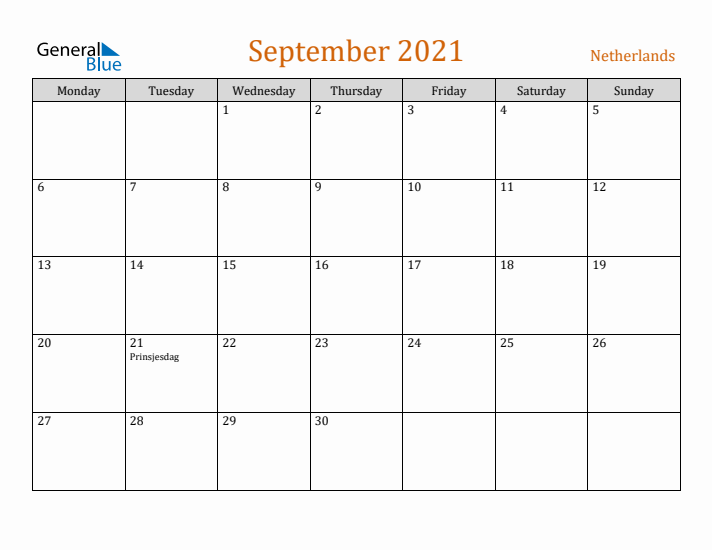 September 2021 Holiday Calendar with Monday Start