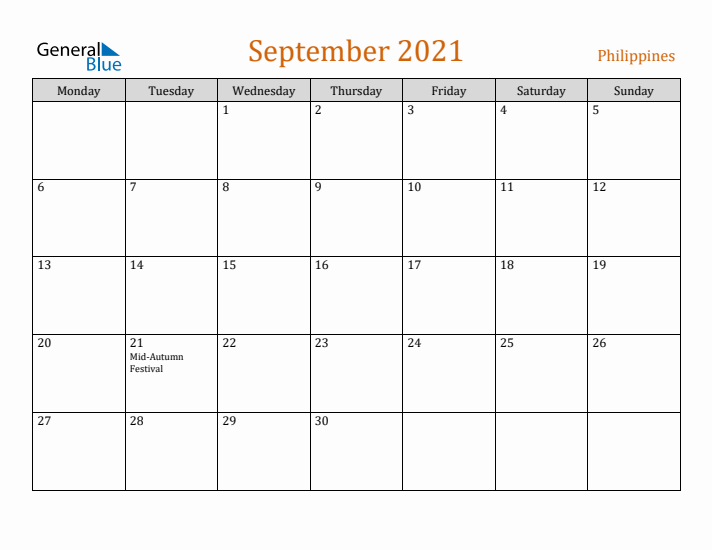 September 2021 Holiday Calendar with Monday Start