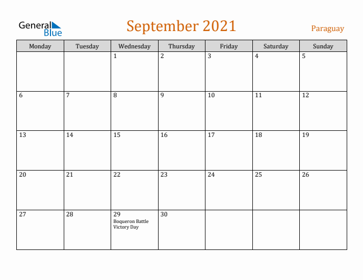 September 2021 Holiday Calendar with Monday Start