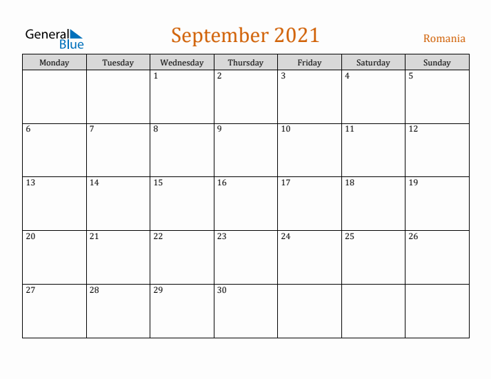 September 2021 Holiday Calendar with Monday Start