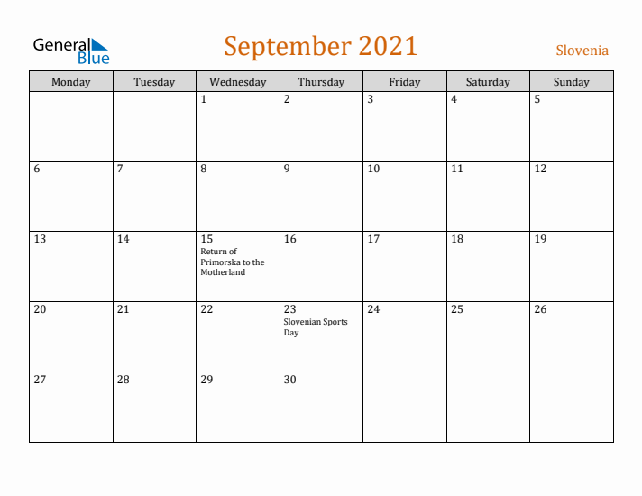 September 2021 Holiday Calendar with Monday Start