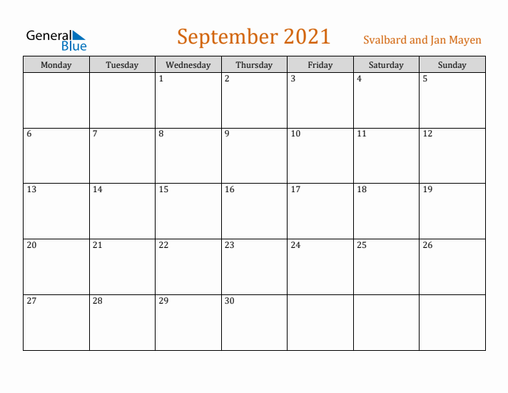 September 2021 Holiday Calendar with Monday Start