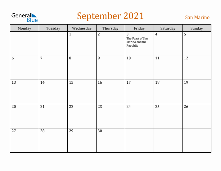 September 2021 Holiday Calendar with Monday Start