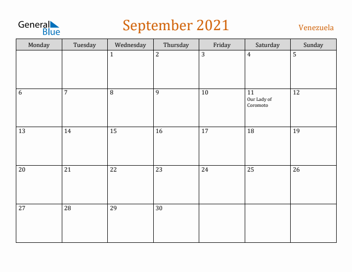 September 2021 Holiday Calendar with Monday Start