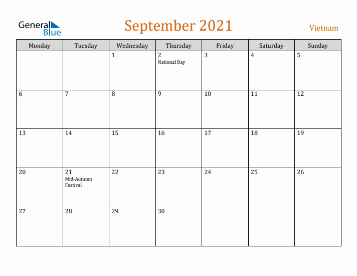 September 2021 Holiday Calendar with Monday Start