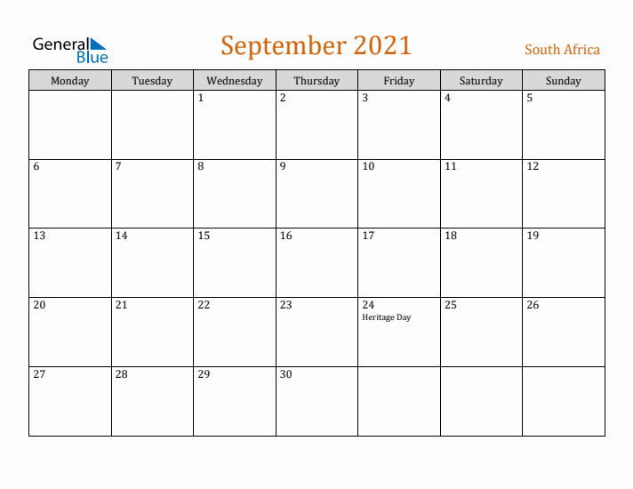 September 2021 Holiday Calendar with Monday Start