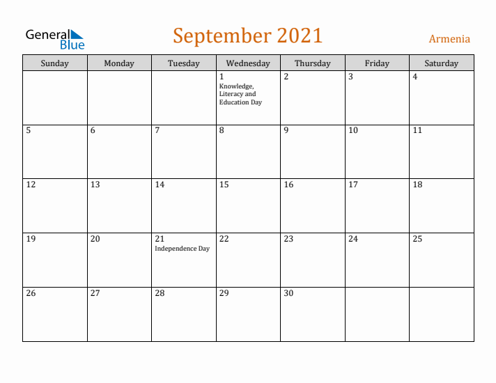 September 2021 Holiday Calendar with Sunday Start