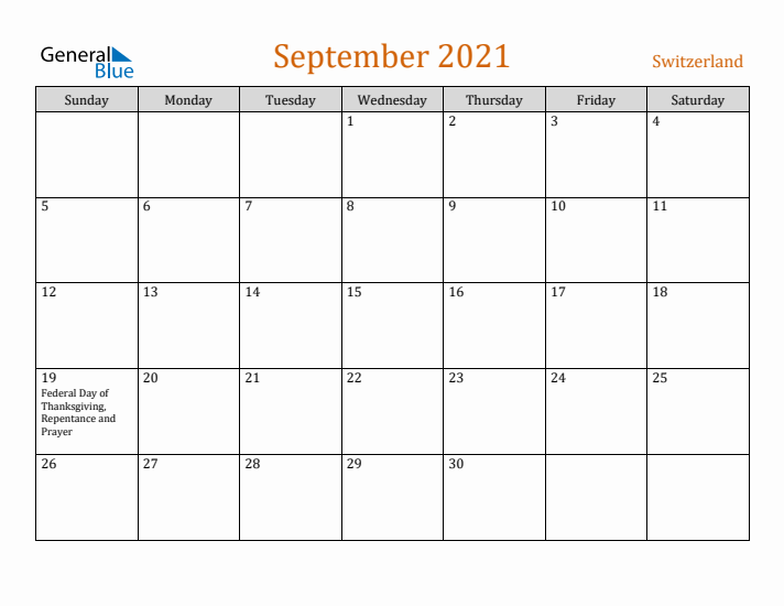 September 2021 Holiday Calendar with Sunday Start