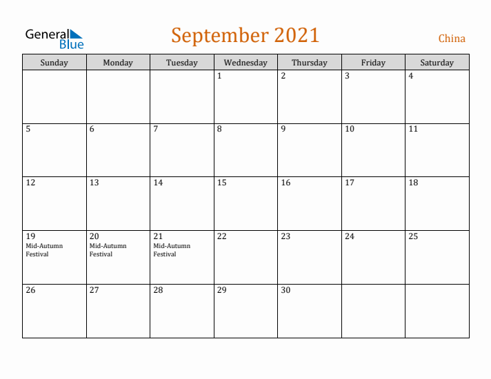 September 2021 Holiday Calendar with Sunday Start