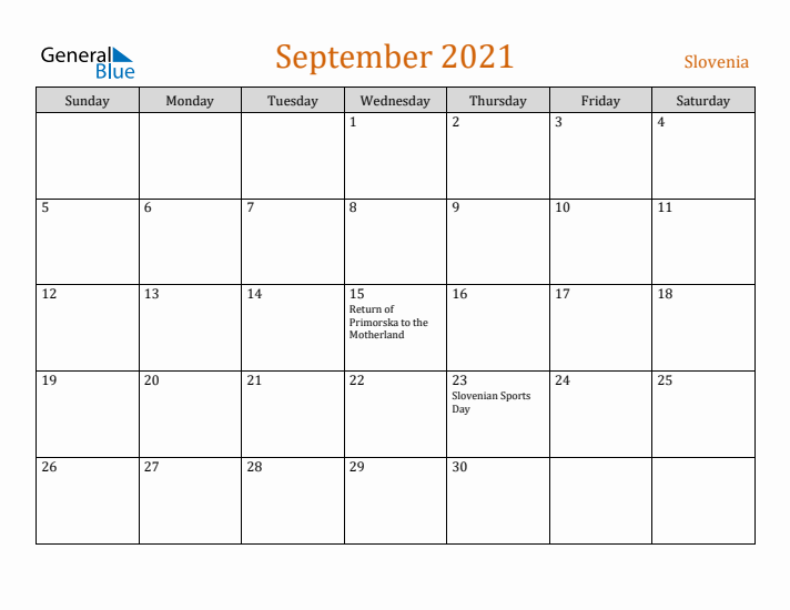 September 2021 Holiday Calendar with Sunday Start