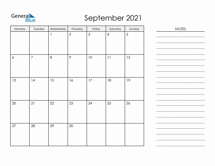 Printable Monthly Calendar with Notes - September 2021