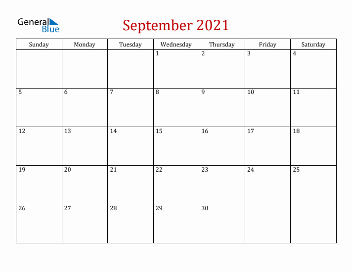 Blank September 2021 Calendar with Sunday Start