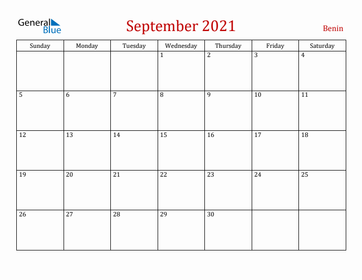 Benin September 2021 Calendar - Sunday Start