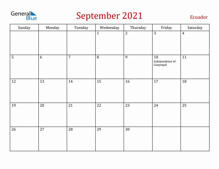 Ecuador September 2021 Calendar - Sunday Start