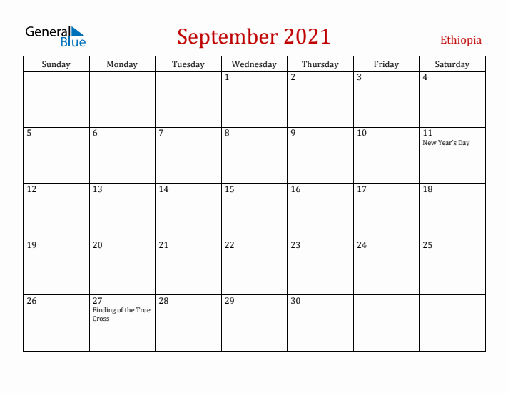 Ethiopia September 2021 Calendar - Sunday Start