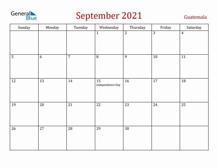 Guatemala September 2021 Calendar - Sunday Start