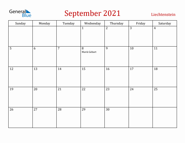 Liechtenstein September 2021 Calendar - Sunday Start