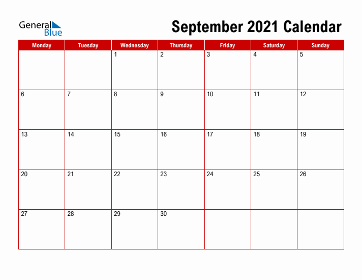 Simple Monthly Calendar - September 2021