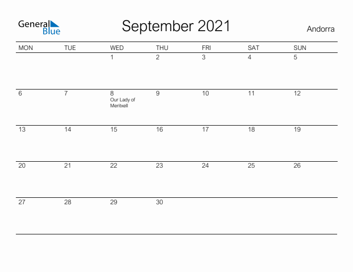 Printable September 2021 Calendar for Andorra