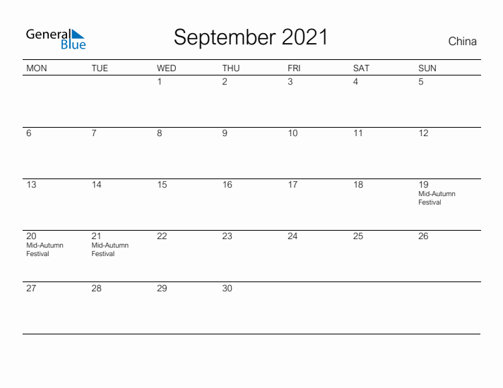 Printable September 2021 Calendar for China