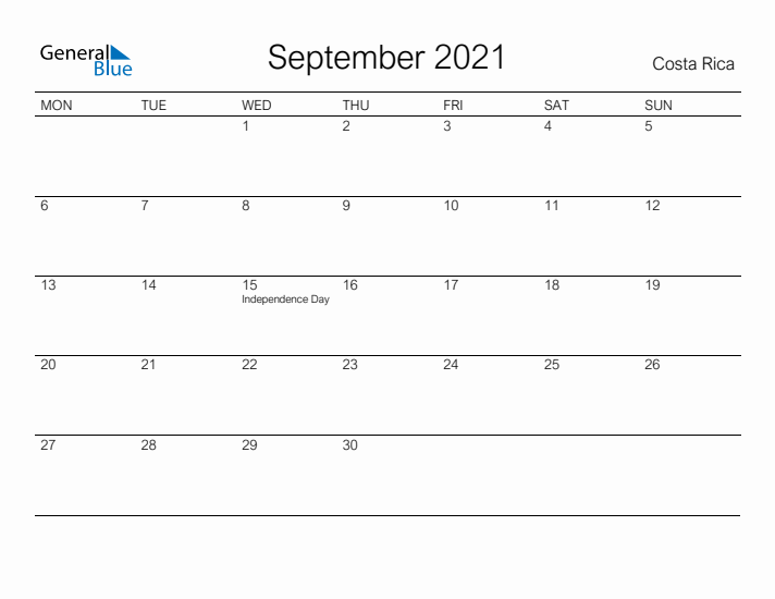 Printable September 2021 Calendar for Costa Rica