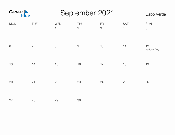 Printable September 2021 Calendar for Cabo Verde