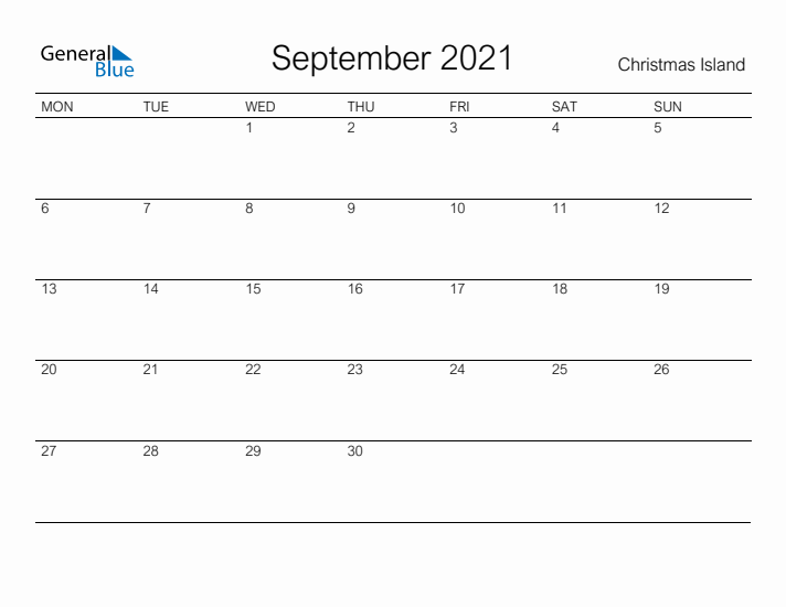 Printable September 2021 Calendar for Christmas Island