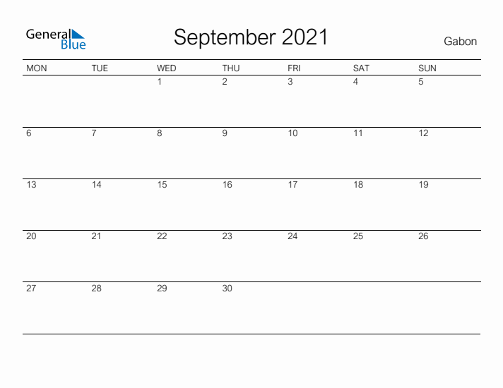 Printable September 2021 Calendar for Gabon