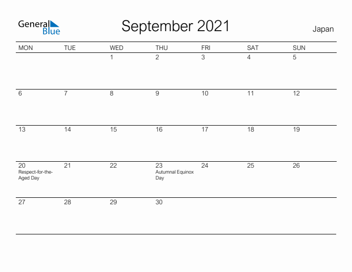 Printable September 2021 Calendar for Japan