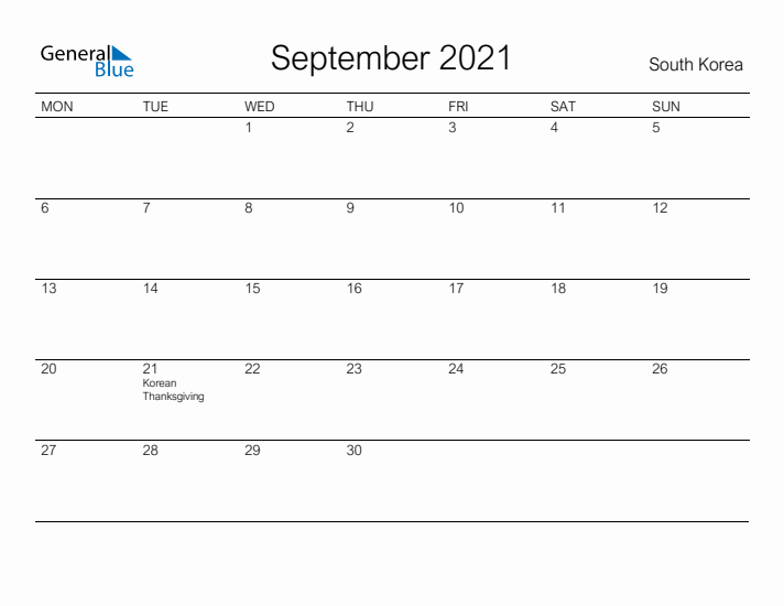 Printable September 2021 Calendar for South Korea