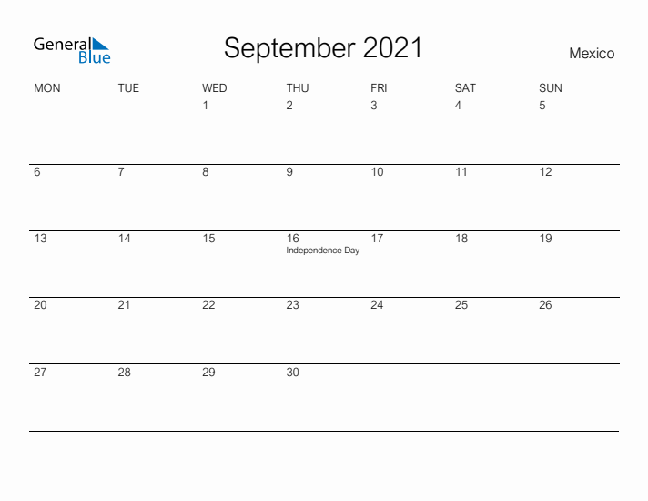 Printable September 2021 Calendar for Mexico