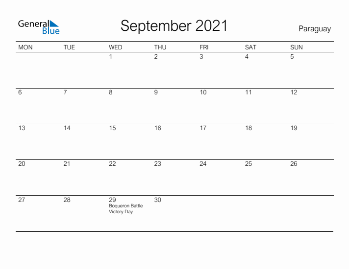 Printable September 2021 Calendar for Paraguay