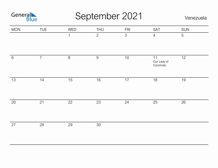 Printable September 2021 Calendar for Venezuela