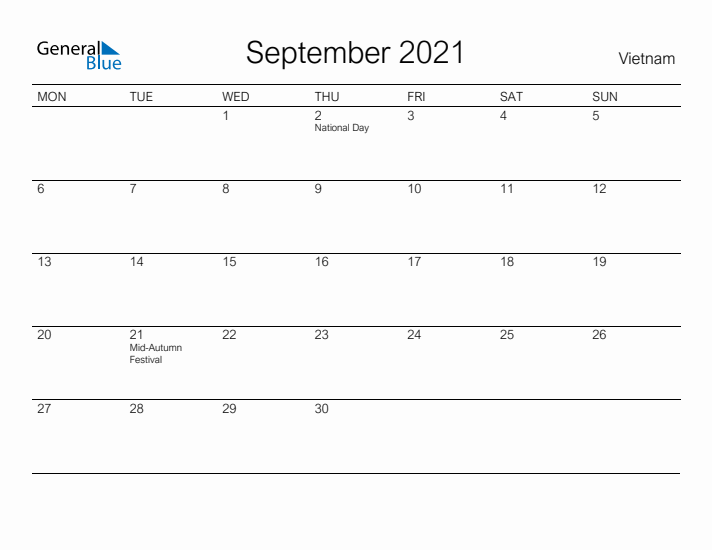 Printable September 2021 Calendar for Vietnam