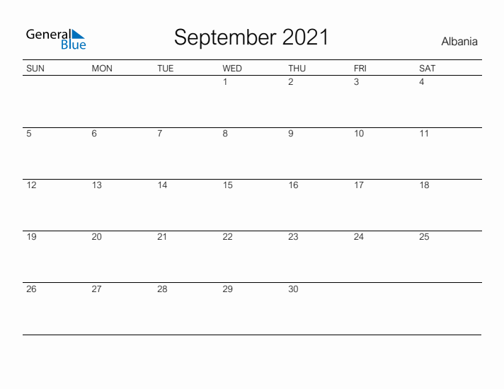 Printable September 2021 Calendar for Albania