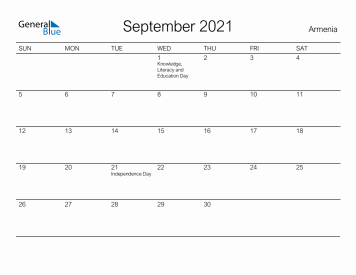 Printable September 2021 Calendar for Armenia