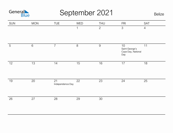 Printable September 2021 Calendar for Belize