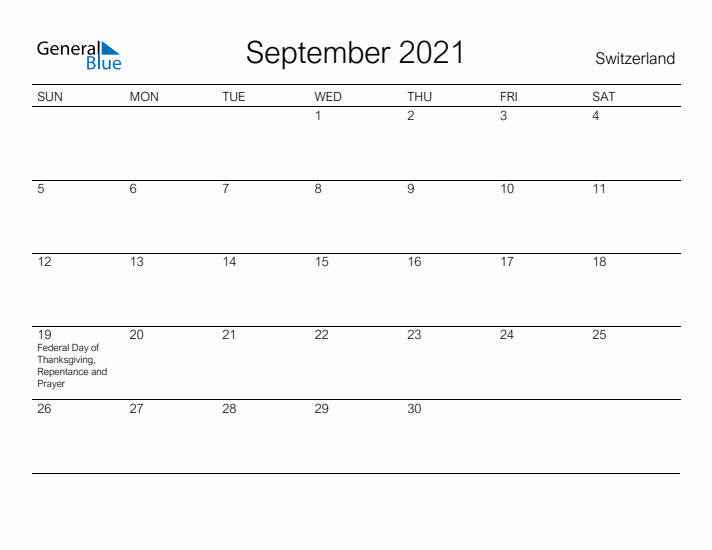 Printable September 2021 Calendar for Switzerland