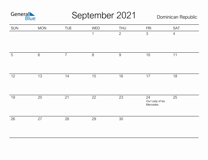 Printable September 2021 Calendar for Dominican Republic