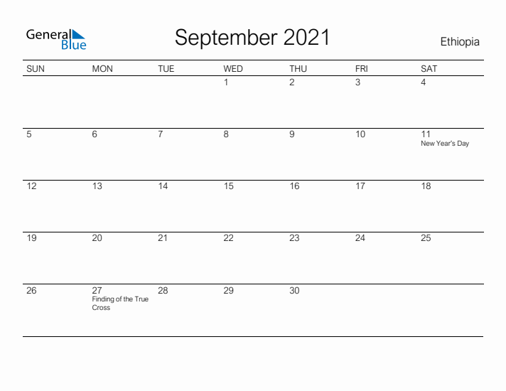 Printable September 2021 Calendar for Ethiopia