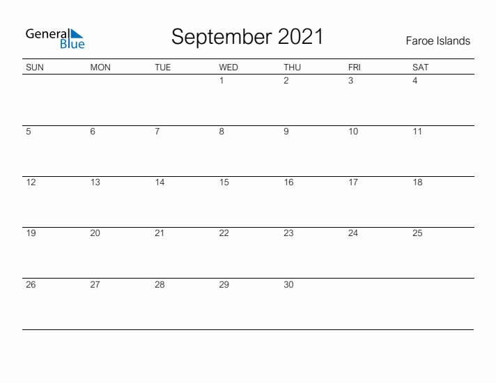 Printable September 2021 Calendar for Faroe Islands