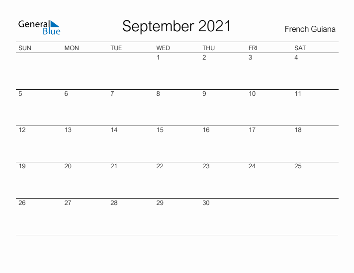 Printable September 2021 Calendar for French Guiana