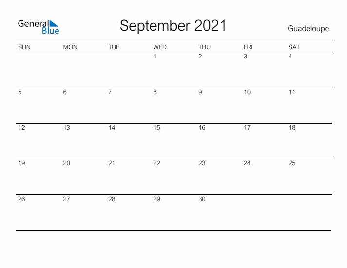 Printable September 2021 Calendar for Guadeloupe