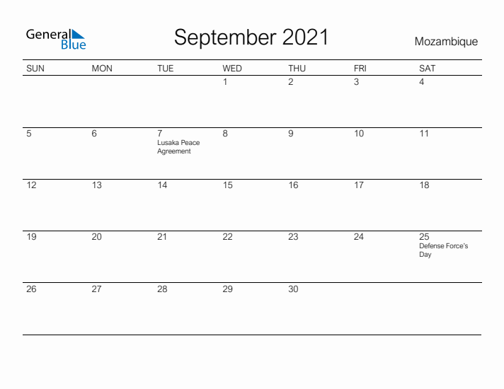 Printable September 2021 Calendar for Mozambique