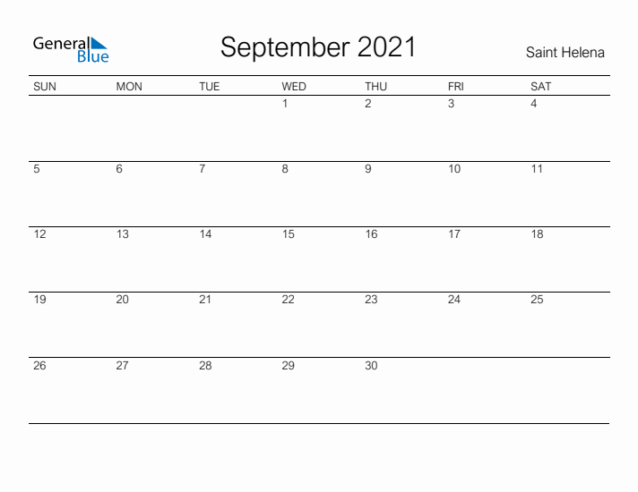 Printable September 2021 Calendar for Saint Helena